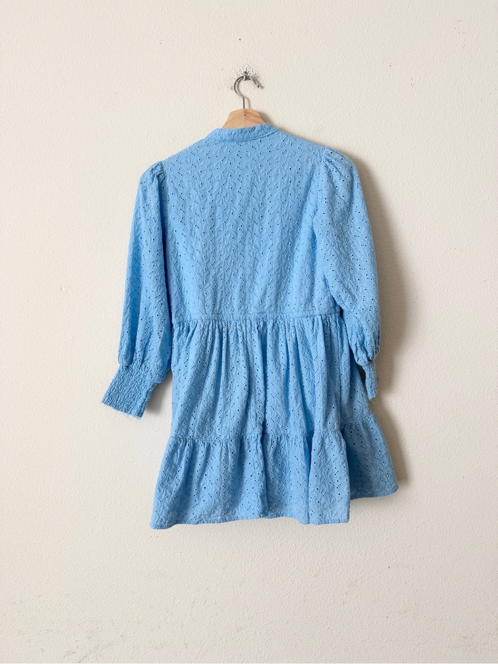 The Shirt by Rochelle Behrens XS blue eyelet long sleeve mini tiered dress - Picture 5 of 7